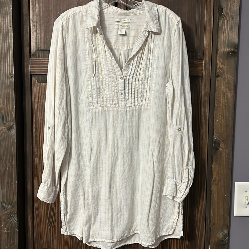 Cynthia Rowley Womens Large Pintucked Yellow Striped Roll Tab Sleeves Tunic Top